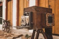 Old camera on a corner in the historic city of Paraty, Brazil. Royalty Free Stock Photo